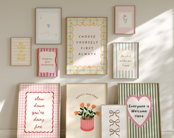 Juego de 10 láminas decorativas motivacionales a todo color, Preppy Gallery, paquete de afirmaciones, pósteres maximalistas para dormitorio y apartamento, imprimibles digitales.