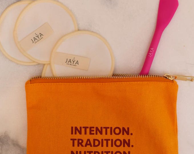 Canvas Cosmetic Pouch | Luxury Cotton Canvas Makeup Bag with Gold Zipper | JAYA Skincare Travel Pouch | Toiletry & Beauty Bag (20×15 cm)
