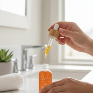 May include: A clear glass bottle of Jaya Skincare liquid serum with a dropper. The serum is amber-colored. The bottle is held by a person's hands. The dropper is made of glass and wood. The Jaya Skincare logo is visible on the bottle.
