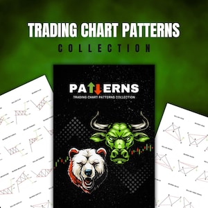 May include: A black and white guide with illustrations of different trading chart patterns. The guide features a green bull and a white bear with red eyes. The title of the guide is "PATTERNS TRADING CHART PATTERNS COLLECTION".