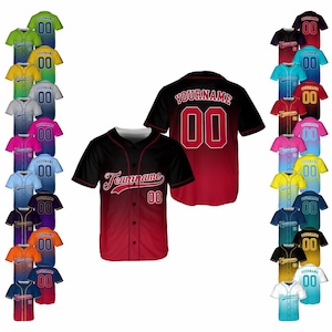 May include: Baseball jerseys in various colors, including black, red, blue, and yellow. Each jersey features a team name and number, with the text "YOURNAME" and "Teamname" visible. The jerseys are button-down and have short sleeves.