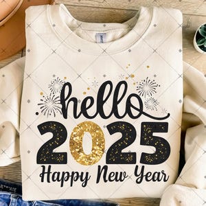 Happy New Year 2025 Png, Trendy New Years Eve Png, Black And Gold Sequins Glitter Faux Sparkly New Year Shirt Design Png, Hello 2025 Png