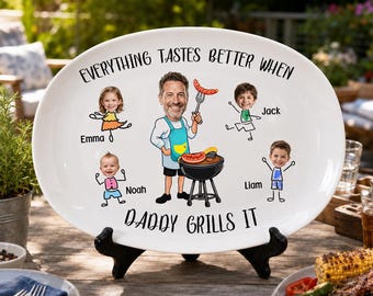 Personalized Daddy's Grilling Plate with Kid's Photos and Names, Custom BBQ Serving Platter, Father’s Day Gift from Kids