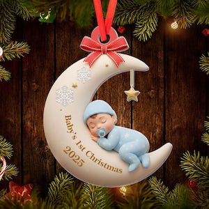 Benutzerdefinierte Baby erste Weihnachten Ornament, Mond schlafend Design, personalisierte Acryl Andenken, einzigartige Neugeborene Geschenk, Urlaub Baum Dekoration