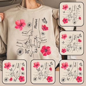 Bundle Personalized Up To 6 Kids Holding Mom‘s Hand Png, Mother&#39;s Day Floral 1-10 Hands Mom Grandma Childs Png, Custom Name Hand Kid Names