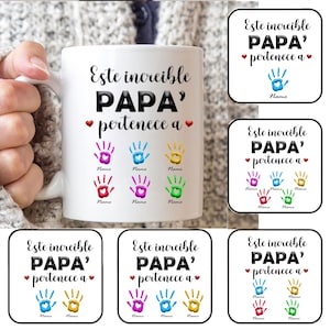 Caneca inflável 3D personalizada com impressão de mão para até 6 crianças, modelo de caneca para papai de 11 onças, caneca para papai espanhol de 11 onças em PNG, canecas de café para o Dia dos Pais espanhóis em PNG
