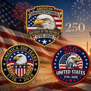 May include: Three patriotic patches commemorating the 250th anniversary of the United States. Each patch features an eagle, stars, and stripes. The patches include the text "American Semiquincentennial," "Birthday of the Republic," and "United States 1776-2026."