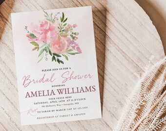 Pode incluir: Um design floral rosa e verde com o texto "Por favor, junte-se a nós para um Chá de Panela em homenagem a Amelia Williams. Seu local aqui Sábado, 14 de abril às 11 horas 500 Mulberry Way, Annapolis, MD RSVP para Sarah até 1 de março no 555-555-5555 Registrado no Target & Amazon"