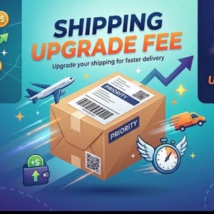 May include: A graphic illustration featuring a brown cardboard shipping box labelled Priority with a QR code, accompanied by icons of an aeroplane, a delivery truck, a winged clock, and gold coins with plus signs on a blue background with text.