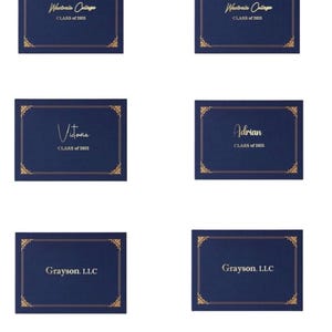May include: A collection of six navy blue diploma covers. The covers feature gold foil accents and text. Two covers read "Westvale College CLASS of 2025". One reads "Victoria CLASS of 2025". One reads "Adrian CLASS of 2025". Two read "Grayson. LLC".