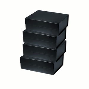 May include: Four black rectangular boxes stacked. Each box has a glossy finish. The boxes are empty and ready for use. The boxes are all the same size and shape.