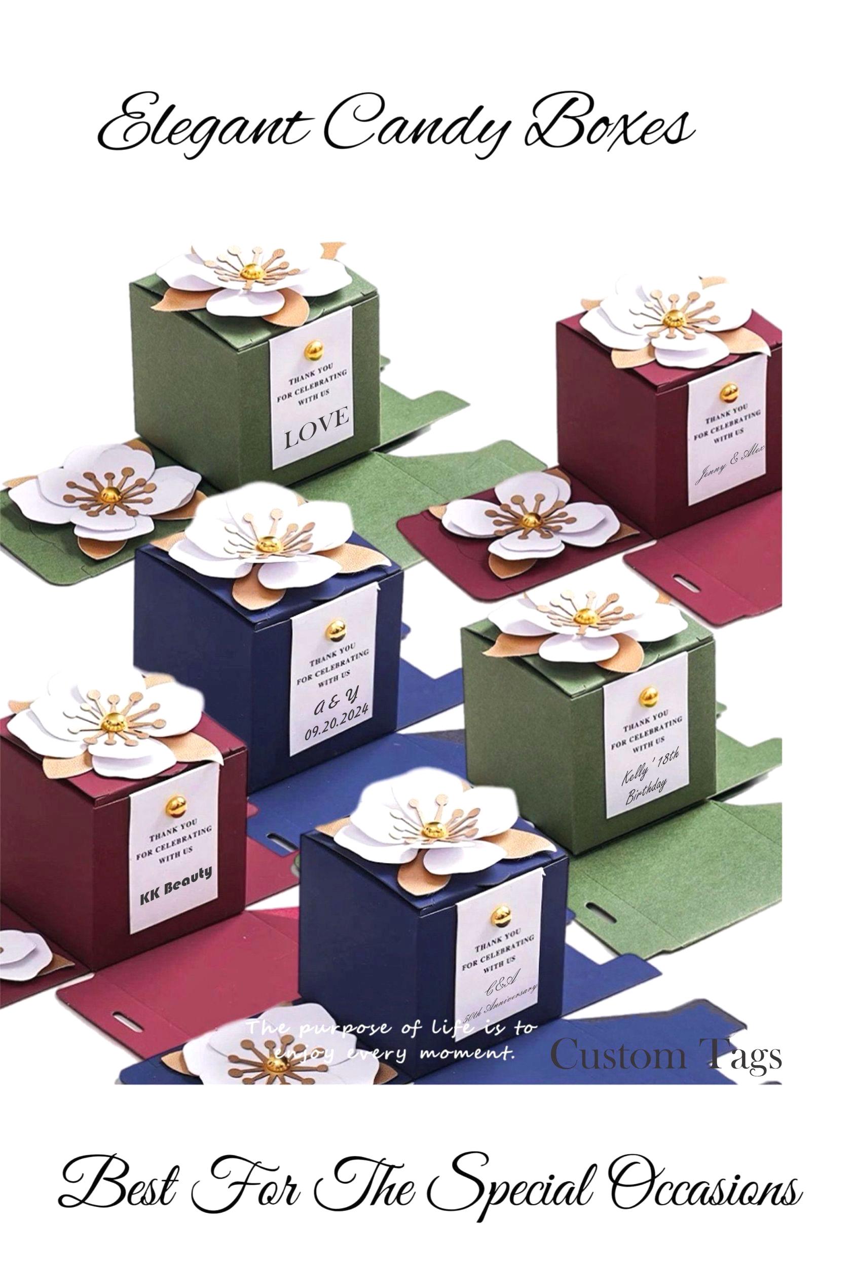 20 PCS 3D Floral Decor Candy Boxes For Wedding, Bridal Shower, Anniversary, Party Events - Elegant Square Custom Favor Boxes Custom Labels