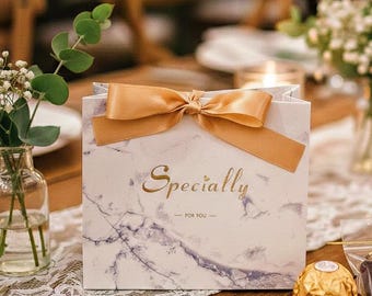 White Marble Wedding Favor Bags with Ribbon – Personalized Party Gift Bags
