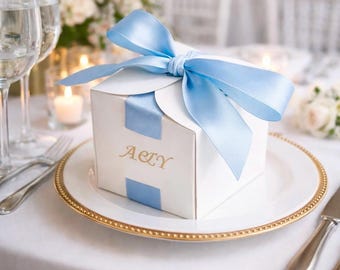 20 White Wedding Favor Boxes with Blue Ribbon: Custom Party Small Candy Boxes