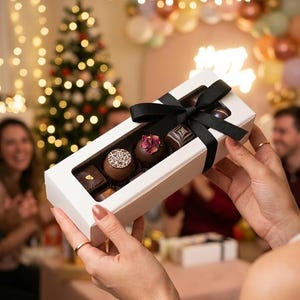 May include: A white rectangular gift box with a black ribbon, containing assorted chocolates. The chocolates are decorated with various patterns and toppings. The box is held by a person, with a blurred background of a Christmas tree and party decorations.