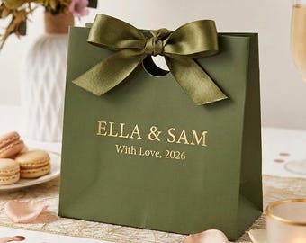 Olive Green Wedding Favor Bags Ivory Bow Personalized Jewelry Gift Bags,  Party Goody Bags