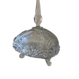 Vintage triangular lead crystal glass footed candy dish with finial
