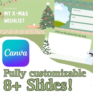 Puede incluir: Una plantilla de Canva de Navidad verde y blanca con el texto "Christmas 2023 MY X-MAS WISHLIST" y un árbol de Navidad verde con adornos rosas. La plantilla también incluye una sección para una lista de deseos con el texto "What I Want", "price" y "link". El texto "click on the photo for the link" también está incluido. La plantilla es totalmente personalizable e incluye 8+ diapositivas.