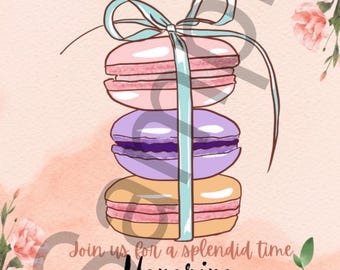 May include: A pink and peach floral tea party invitation with a stack of macarons tied with a blue ribbon. The text reads "You are invited to a Tea Party Honoring Amielia's Special Day July 29, 2027 123 Anything St. City. 12345"
