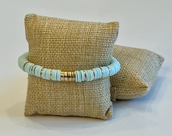 Pale Turquoise Heishi Stretch Bracelet with Gold Accents