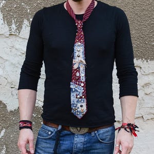 Upcycled Necktie - Denim Junk Tie - Punk Clothing - Vintage Necktie Brooch - Handmade Necktie