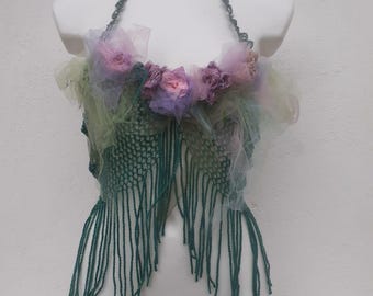 Ethereal Fairycore Nymph Top – Handmade Woodland Fairy Corset with Flowers and Fringe – Festival Boho Crop Top – Forest Spirit s/m