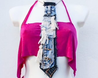 Collar de mezclilla reciclada: collar de corbata estilo punk hecho a mano