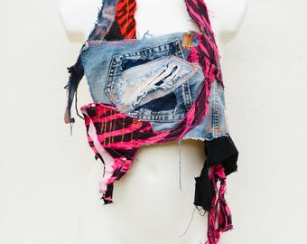 Denim Post Apocalyptic Neckholder Top: Upcycling Festival Kleidung S/M
