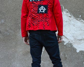 Punk Patchwork Jacket: Red & Black Zebra Print, Festival Clothing