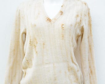 Jersey de lana desgastado: ropa vintage apocalíptica de los años 70, talla M.