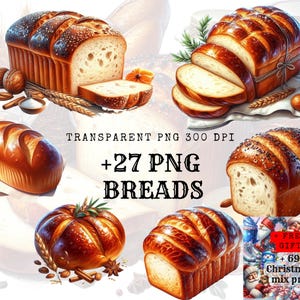 May include: A collection of 27 different types of bread, including sourdough, rye, and white bread. The breads are all freshly baked and have a golden brown crust. The image also includes a free gift of 69 Christmas mix png files.