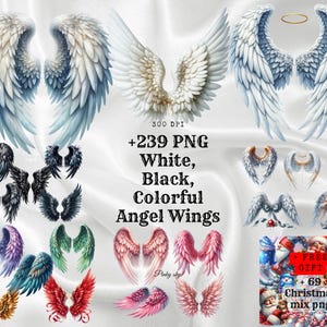 Könnte beinhalten: Ein digitaler Download von 239 PNG-Bildern von Engelsflügeln in Weiß, Schwarz und bunten Designs. Die Bilder sind 300 DPI und beinhalten einen kostenlosen Bonus von 69 Weihnachts-PNG-Bildern.