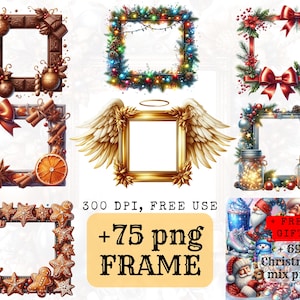 Imágenes prediseñadas de marcos navideños - 75 gráficos de marcos festivos PNG, imprimibles de bordes navideños, descarga digital instantánea, uso comercial ilimitado