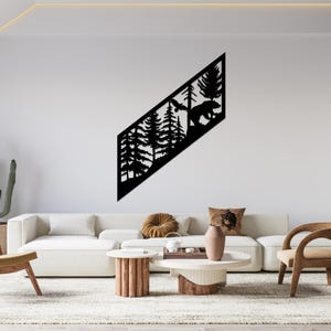 Decorazione da parete in metallo con animali selvatici di montagna e alberi, decorazione da parete con orso, grande decorazione da parete con collina, decorazione con natura e foresta, regalo per amanti dell'aria aperta per uomini,