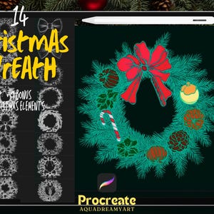 Może przedstawiać: Cyfrowa ilustracja świątecznego wianka z czerwoną kokardą, laskami cukrowymi i szyszkami. Wianek znajduje się na czarnym tle z tekstem "14 Christmas Wreath" i "Procreate" w kolorze białym. W tle znajduje się 14 dodatkowych elementów świątecznych.