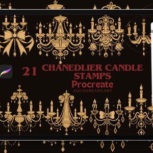 May include: A digital illustration of 21 Procreate stamps featuring ornate gold candle chandeliers with various designs. The text "21 Chandelier Candle Stamps Procreate Aquadreamyart" is displayed on a black background.