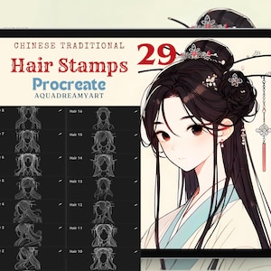 Könnte beinhalten: Eine digitale Illustration von 29 traditionellen chinesischen Frisuren für die Verwendung in Procreate. Die Stile sind in Schwarzweiß auf einem dunkelgrauen Hintergrund dargestellt. Die Illustration wird von einer digitalen Illustration einer Frau mit langen schwarzen Haaren begleitet, die ein traditionelles chinesisches Kleid und Schmuck trägt.