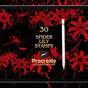May include: A digital tablet displays a black background with red spider lily illustrations. The text reads "30 SPIDER LILY STAMPS" with the Procreate logo and "AQUADREAMYART" text. A white stylus is positioned on the right side of the tablet.