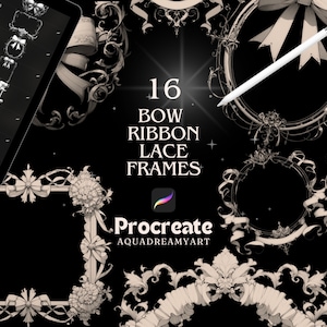 Op de afbeelding: Een set van 16 digitale Procreate-penselen met sierlijke frames met strikken, linten en kant. De frames zijn in een lichtbeige kleur tegen een zwarte achtergrond. De tekst "16 BOW RIBBON LACE FRAMES" staat in het midden van de afbeelding. De tekst "Procreate AQUADREAMYART" staat onderaan de afbeelding.