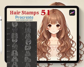 Procreate Haar Stempel Anime Haar Clipart Procreate Weibliches Haar Design gewelltes Haar Stempel langes gelocktes Haar Zöpfe digitale Illustration Frisur
