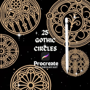 Peut inclure: Un ensemble de 25 pinceaux numériques Procreate présentant des motifs de cercles gothiques complexes. Les pinceaux sont en or et noir, et sont parfaits pour ajouter une touche d'élégance à votre art numérique.