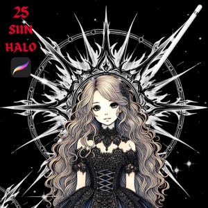Puede incluir: Una ilustración en blanco y negro de una mujer con el pelo largo y suelto que lleva un vestido de encaje negro. Está de pie frente a un gran sol adornado con un halo a su alrededor.