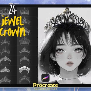 Könnte beinhalten: Eine digitale Illustration von 24 verschiedenen Juwelenkronen-Designs für die Verwendung in der Procreate-App. Die Kronen sind in Schwarzweiß gezeichnet und zeigen verschiedene Stile von Juwelen und Fassungen. Der Text "24 JEWEL CROWN" ist in Gelb auf schwarzem Hintergrund geschrieben.