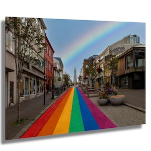 Skólavörðustígur Street, Rainbow Street, Reykjavik, Islanda, fotografia artistica, decorazione murale, arte murale, carta/tela/metallo/acrilico