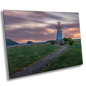Faro di Five Island, tramonto, baia di Fundy, Nuova Scozia, fotografia artistica, decorazione murale, arte murale, carta/tela/metallo/acrilico