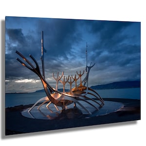 Sun Voyager, Reykjavik, Islanda, scultura vichinga, arte in metallo, fotografia artistica, decorazione murale, arte murale, carta/tela/metallo/acrilico