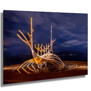 Sun Voyager, Reykjavik, Islanda, scultura vichinga, arte in metallo, fotografia artistica, decorazione murale, arte murale, carta/tela/metallo/acrilico
