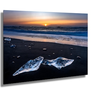 Diamond Beach, spiaggia di lava nera, alba, Islanda, fotografia artistica, decorazione murale, arte murale, carta/tela/metallo/acrilico