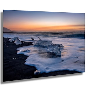Diamond Beach, spiaggia di lava nera, alba, Islanda, fotografia artistica, decorazione murale, arte murale, carta/tela/metallo/acrilico
