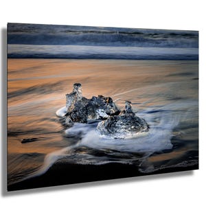 Diamond Beach, spiaggia di lava nera, alba, Islanda, fotografia artistica, decorazione murale, arte murale, carta/tela/metallo/acrilico